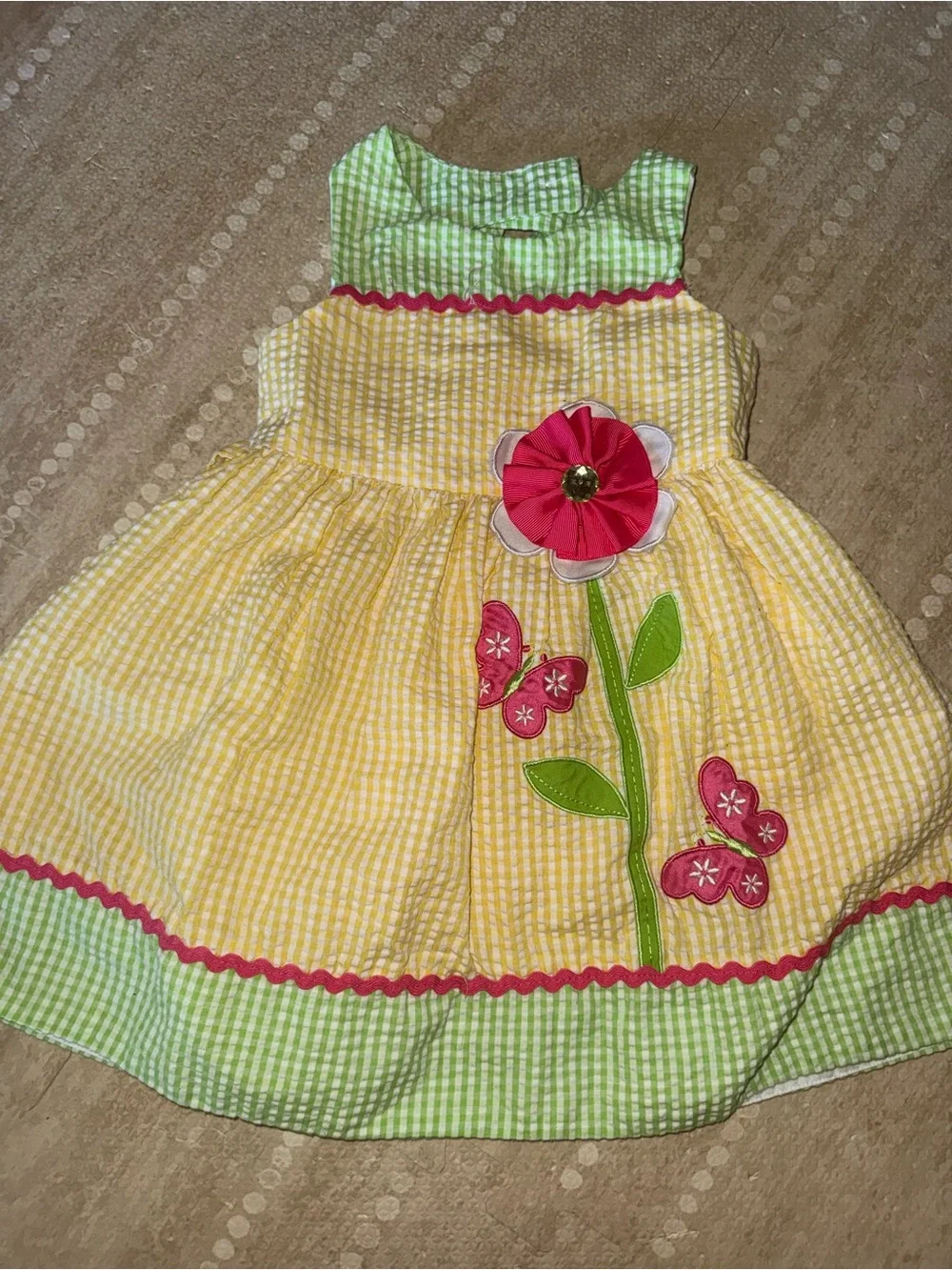 Rare Editions Yellow & Green Gingham Dress with Pink Flower Appliqué